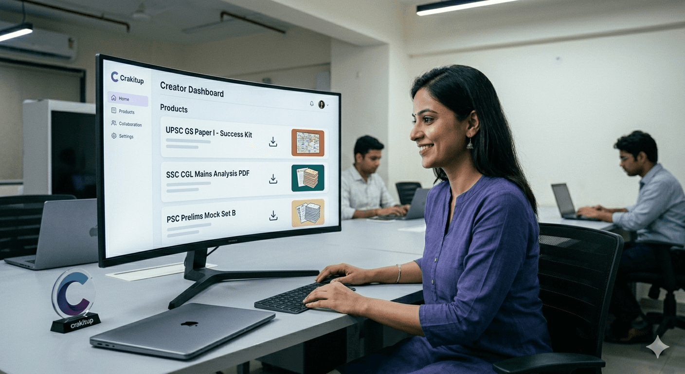 Coaching center owner using the Crakitup Creator Dashboard to list digital products