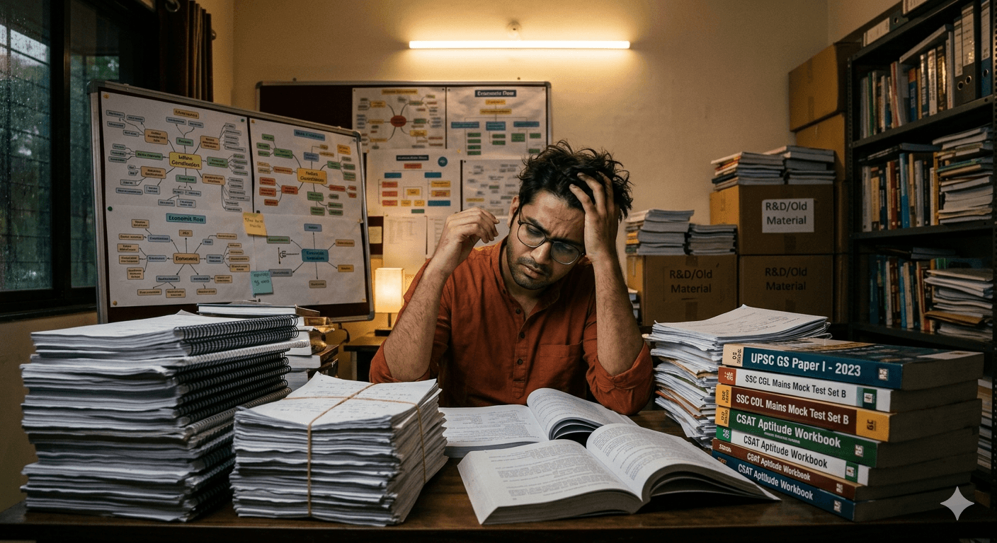 A coaching center owner overwhelmed by stacks of study materials