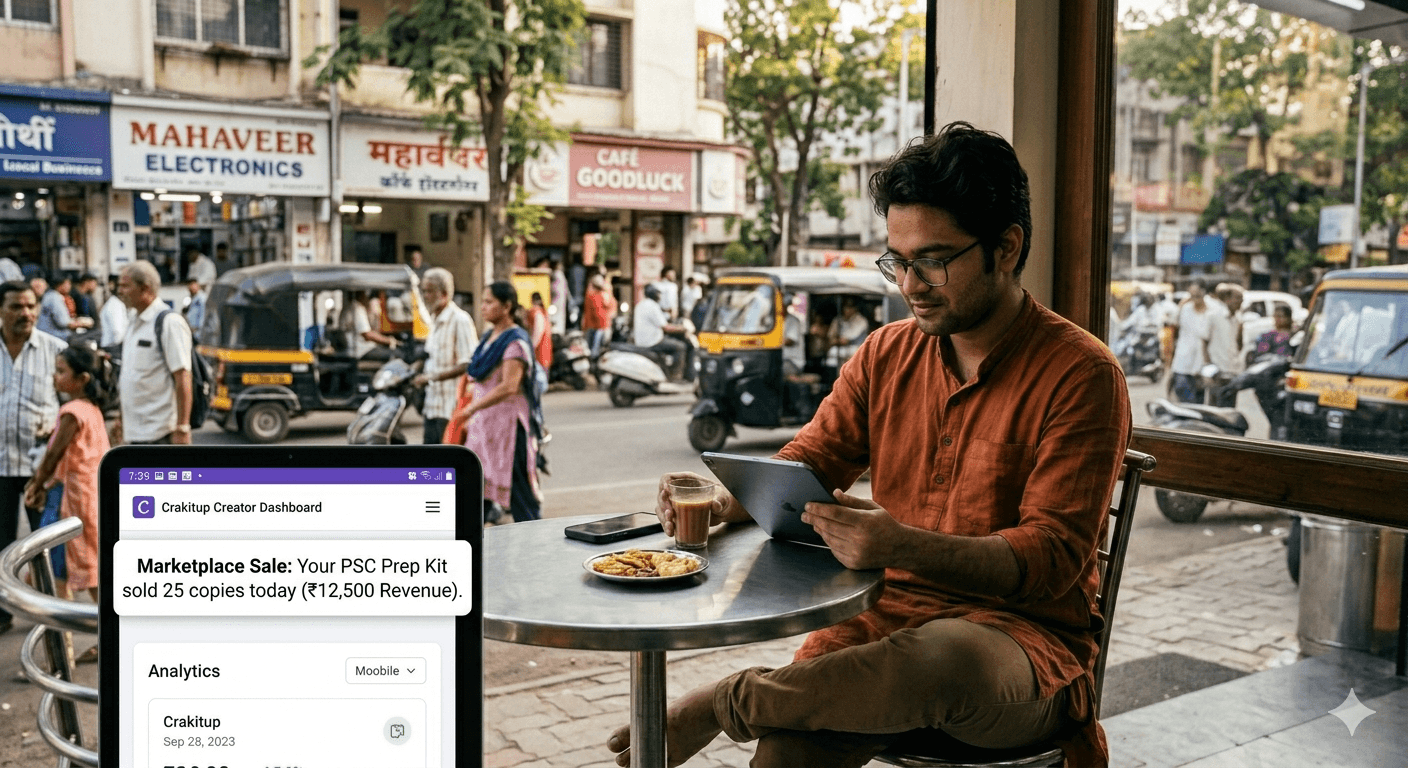 Creator receiving a marketplace sale notification of ₹12,500 revenue while relaxing at a café